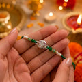 Marvel Silver Vishnu Tilak Silver Rakhi with Green Crystal Beads, White Pearl Beads and CZ Stone Vishnu Tilak Symbol for Raksha Bandhan