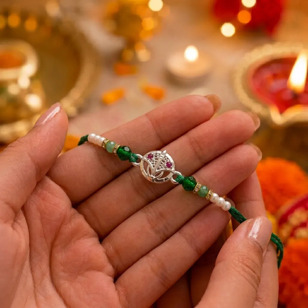Marvel Silver Vishnu Tilak Silver Rakhi with Green Crystal Beads, White Pearl Beads and CZ Stone Vishnu Tilak Symbol for Raksha Bandhan