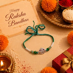Marvel Silver Vishnu Tilak Silver Rakhi with Green Crystal Beads, White Pearl Beads and CZ Stone Vishnu Tilak Symbol for Raksha Bandhan