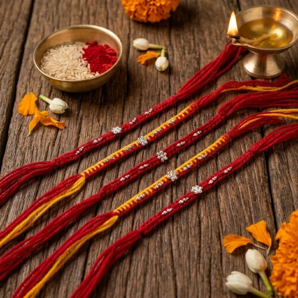 Silver Minimal Floral Red Thread Rakhi for Brother