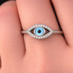 Evil Eye Silver Ring with Stone Border – 925 Sterling Silver