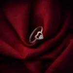 •A romantic heart-in-heart ring in silver, showcasing a smaller crystal-encrusted heart nested inside a larger polished silver heart.