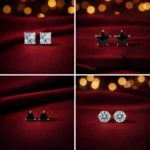 •A collection of geometric stud earrings, including clear princess-cut squares, black stars, black triangles, and clear hexagons.