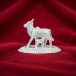 Pure Silver Finish Kamdhenu Cow & Calf Idol on Embossed Base