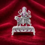 Premium Maa Durga on Tiger Silver Idol with Ruby-Tone Stones