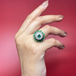 Emerald Sunburst Halo Ring