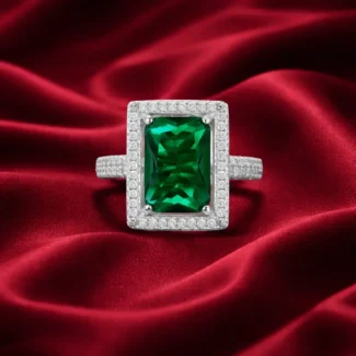 Royal Emerald Halo Silver Ring