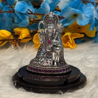 Silver Plated Hanuman Ji Idol with Stone Work on Wooden Base