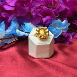 Gold Polish Pink Stone Floral Statement Ring