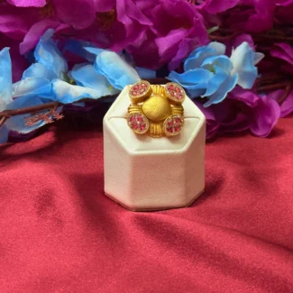 Gold Polish Red Stone Floral Disc Statement Ring