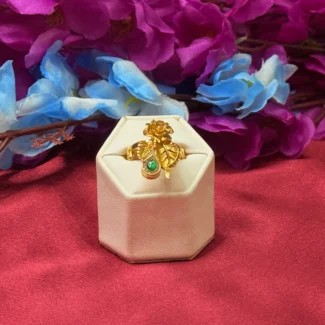 Gold Polish Leaf Floral Green Stone Designer Ring