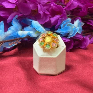 Gold Polish Multi-Color Stone Floral Statement Ring