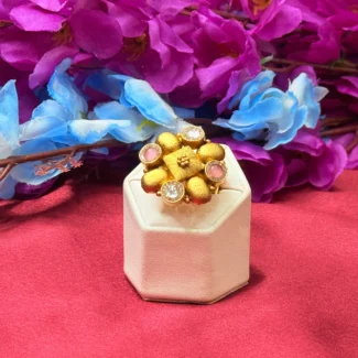 Gold Polish Pink & Crystal Floral Statement Ring