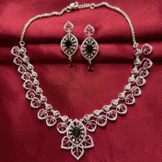 Ruby Bloom Silver Necklace Set with Earrings